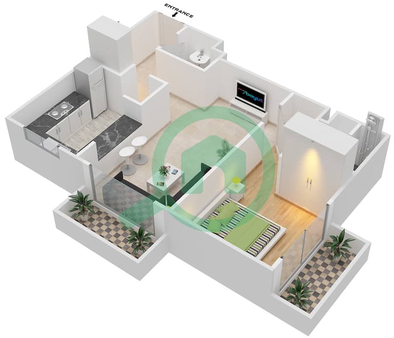 المخططات الطابقية لتصميم النموذج A شقة 1 غرفة نوم - برج ويمبلدون interactive3D