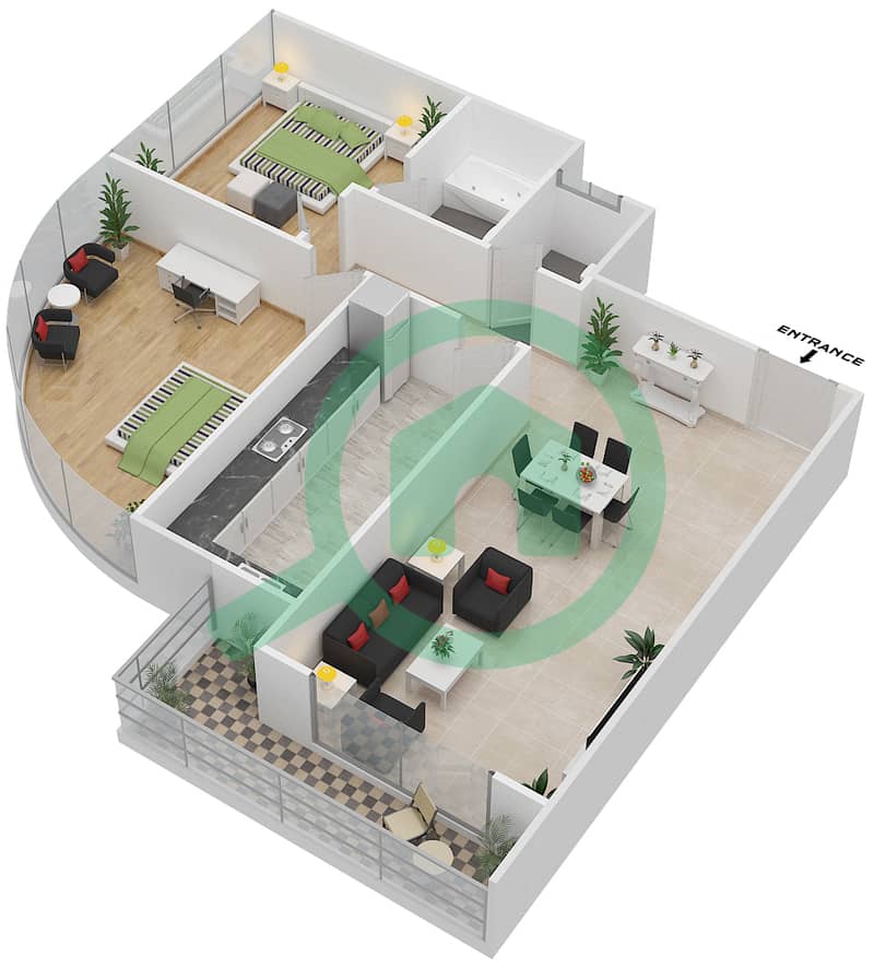 المخططات الطابقية لتصميم النموذج E شقة 2 غرفة نوم - رويال ريزيدنس 2 interactive3D