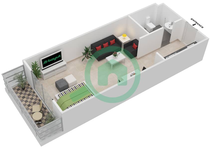 المخططات الطابقية لتصميم النموذج A شقة استوديو - رويال ريزيدنس 2 interactive3D