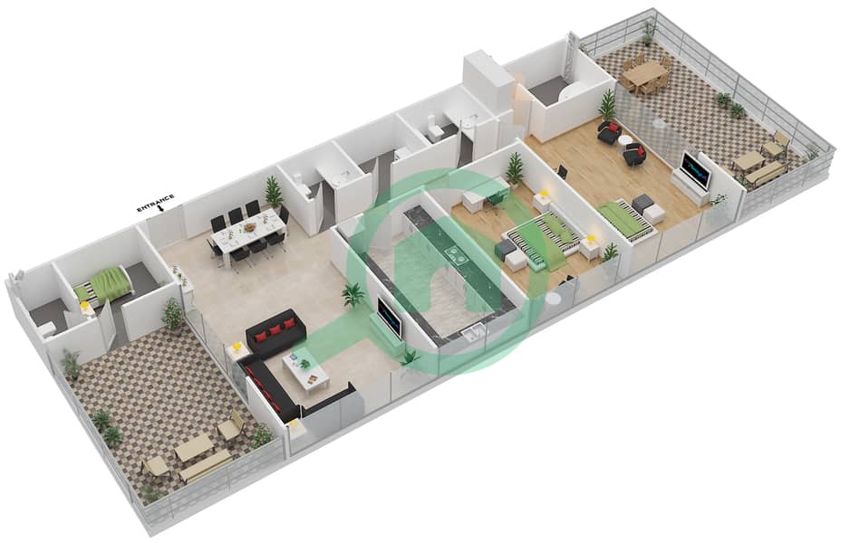المخططات الطابقية لتصميم النموذج A بنتهاوس 2 غرفة نوم - رويال ريزيدنس 2 interactive3D