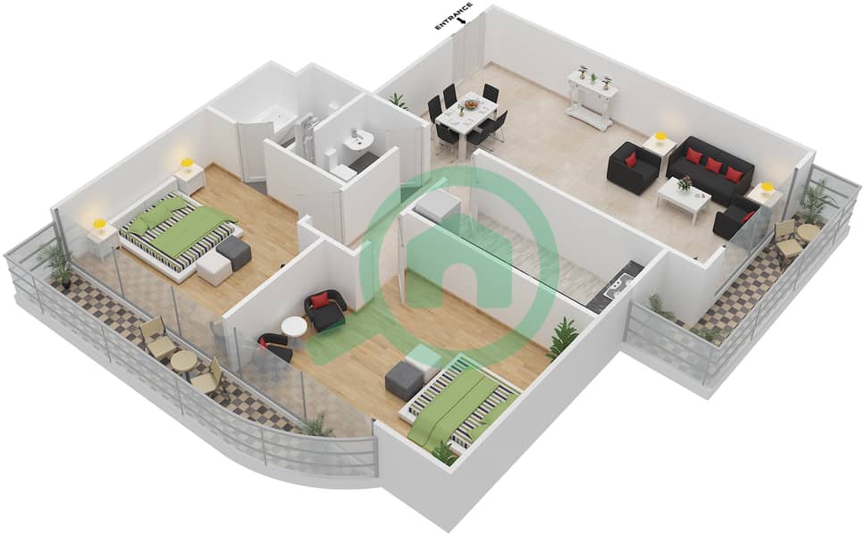 المخططات الطابقية لتصميم النموذج A شقة 2 غرفة نوم - رويال ريزيدنس 2 interactive3D