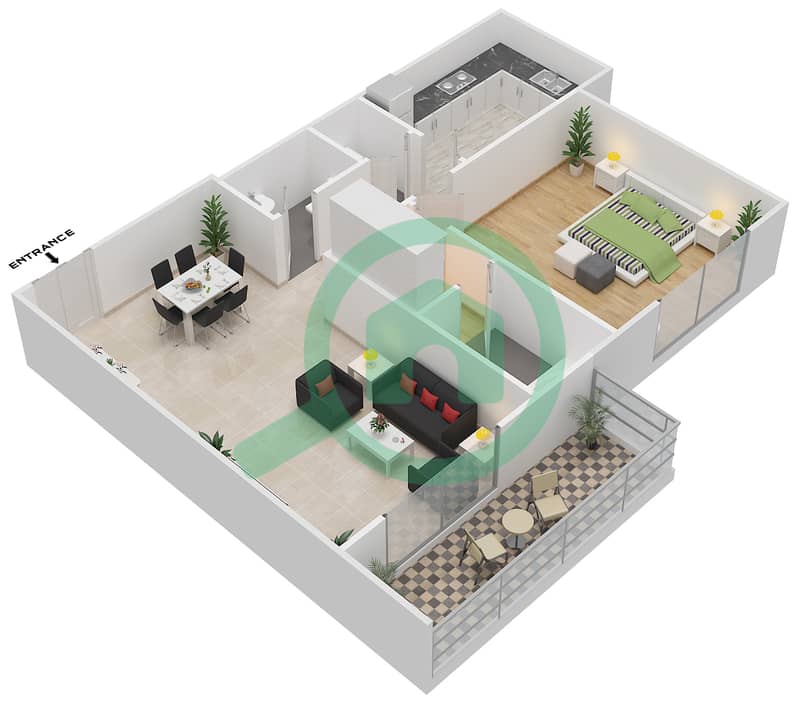 المخططات الطابقية لتصميم النموذج A شقة 1 غرفة نوم - رويال ريزيدنس 2 interactive3D