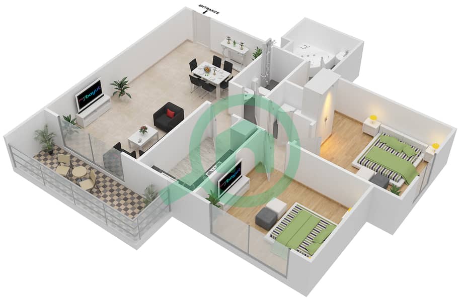 المخططات الطابقية لتصميم النموذج D شقة 2 غرفة نوم - رويال ريزيدنس 2 interactive3D