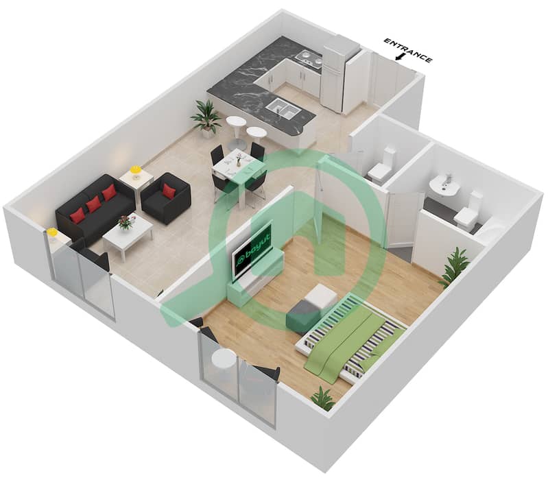 المخططات الطابقية لتصميم النموذج D شقة 1 غرفة نوم - رويال ريزيدنس 2 interactive3D