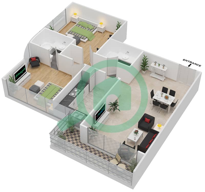 المخططات الطابقية لتصميم النموذج C شقة 2 غرفة نوم - رويال ريزيدنس 2 interactive3D