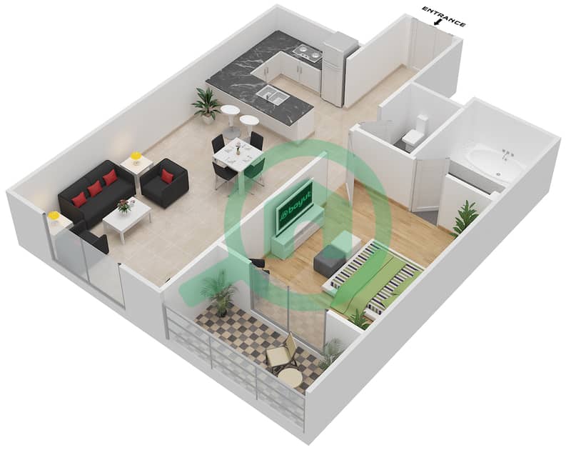 المخططات الطابقية لتصميم النموذج C شقة 1 غرفة نوم - رويال ريزيدنس 2 interactive3D