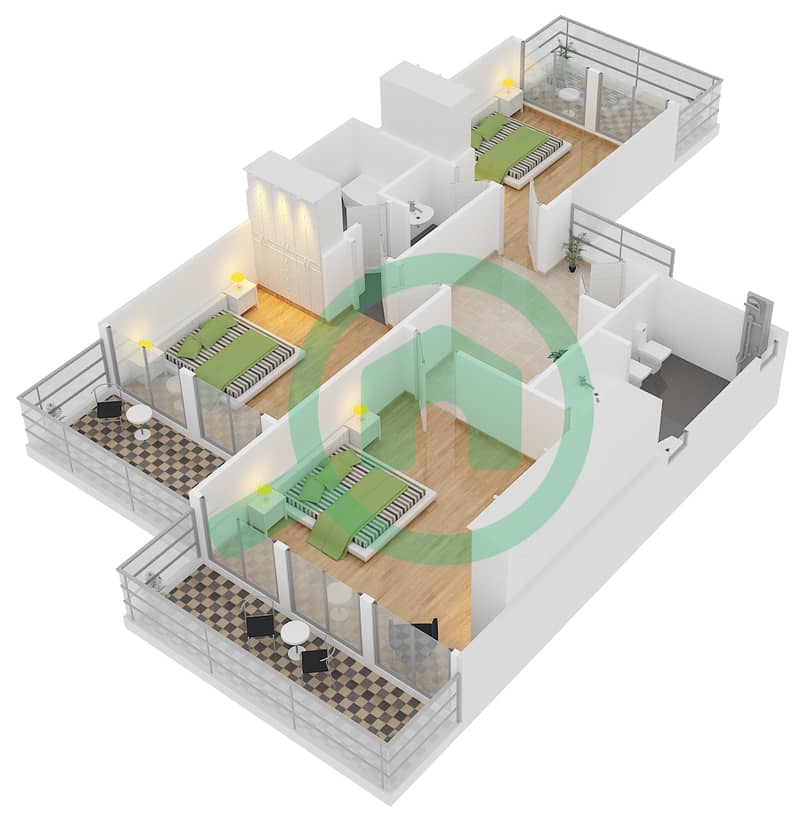 绍尔3区 - 3 卧室别墅类型8戶型图 interactive3D