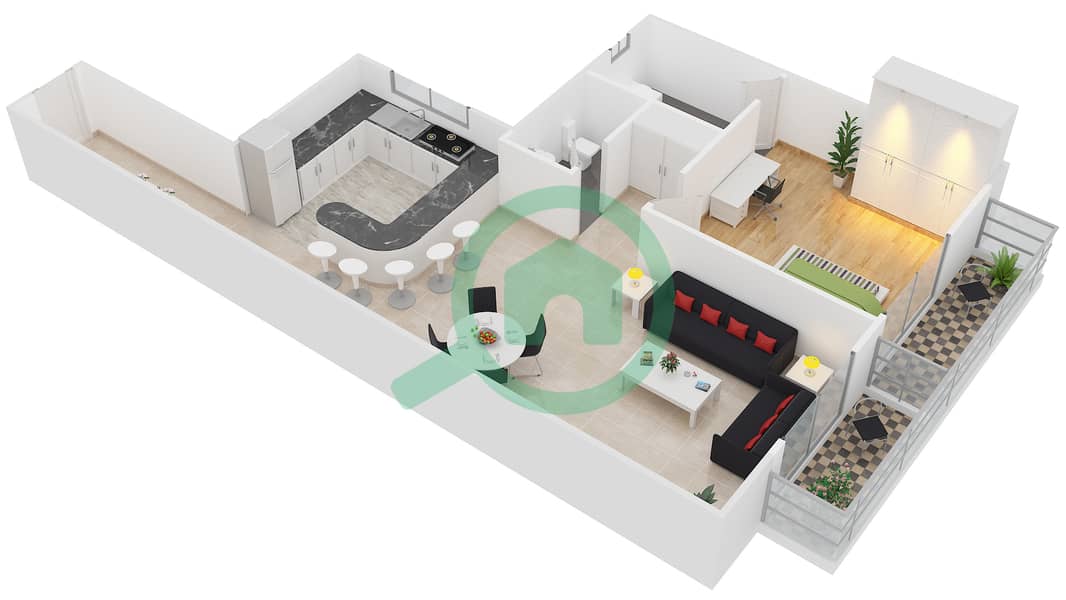 顶峰大厦A1 - 1 卧室公寓单位2戶型图 interactive3D