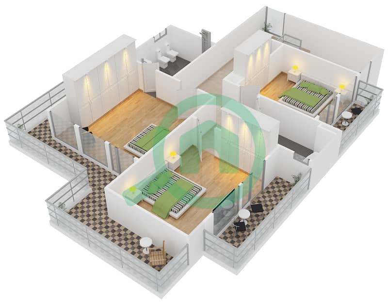 绍尔4区 - 3 卧室别墅类型7戶型图 interactive3D