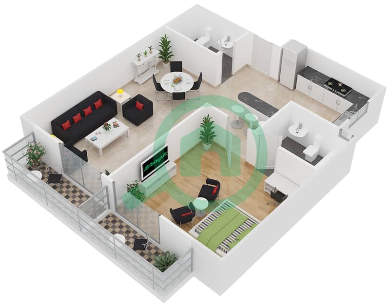 المخططات الطابقية لتصميم الوحدة 5 شقة 1 غرفة نوم - برج زينيت A1 interactive3D