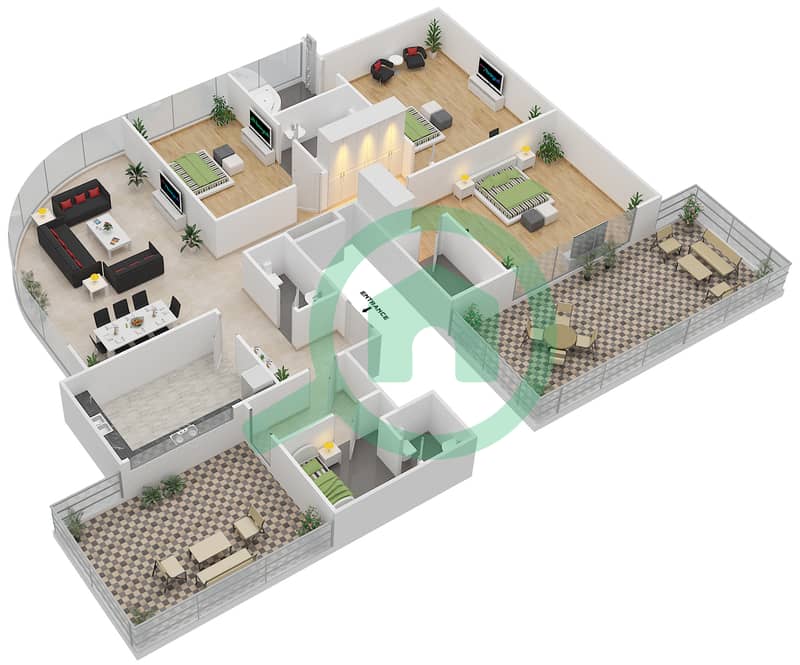 皇家公寓2号 - 3 卧室顶楼公寓类型A戶型图 interactive3D