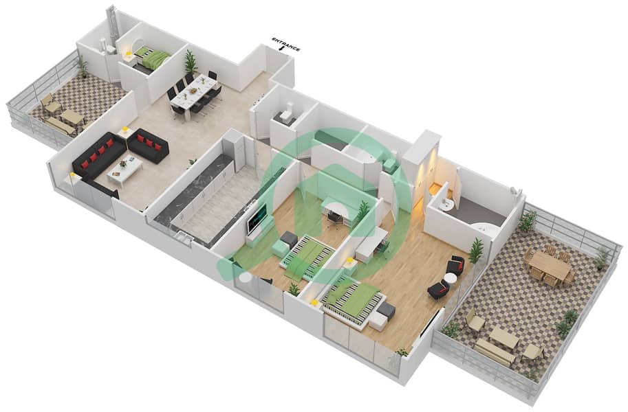 皇家公寓2号 - 2 卧室顶楼公寓类型B戶型图 interactive3D