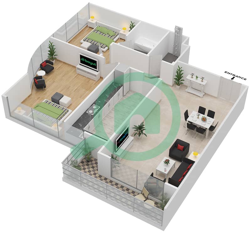 المخططات الطابقية لتصميم النموذج B شقة 2 غرفة نوم - رويال ريزيدنس 2 interactive3D