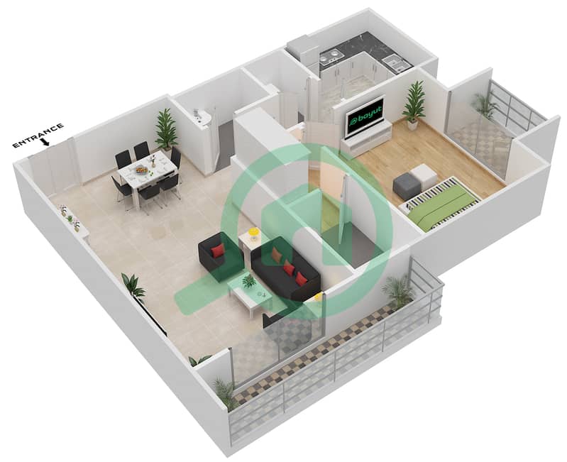 المخططات الطابقية لتصميم النموذج B شقة 1 غرفة نوم - رويال ريزيدنس 2 interactive3D