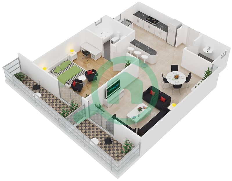 顶峰大厦A1 - 1 卧室公寓单位6戶型图 interactive3D