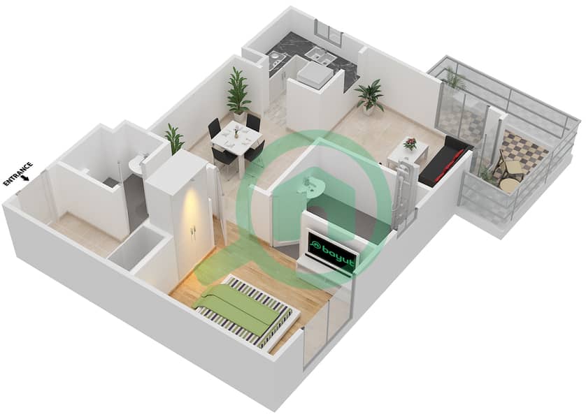 运河枢纽1号 - 1 卧室公寓类型G戶型图 interactive3D