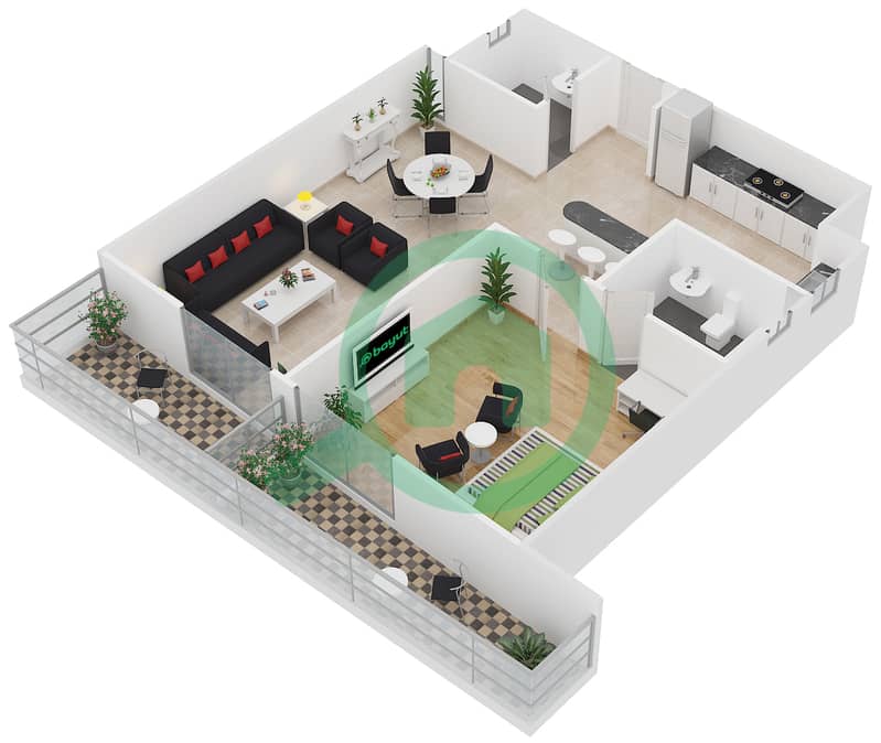 顶峰大厦A1 - 1 卧室公寓单位7戶型图 interactive3D