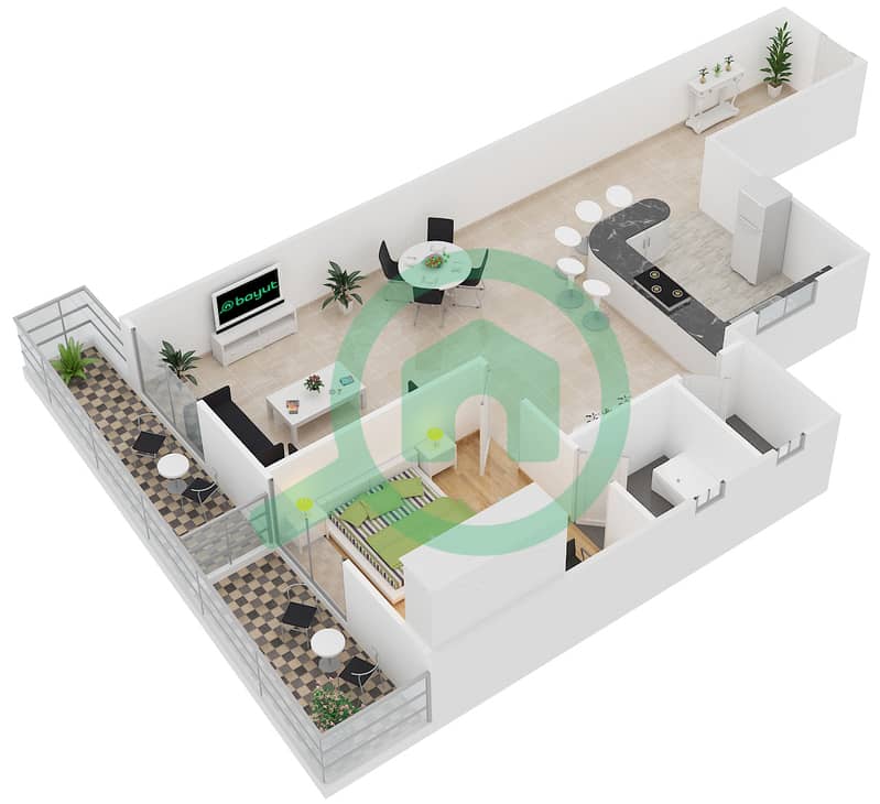 المخططات الطابقية لتصميم الوحدة 12 شقة 1 غرفة نوم - برج زينيت A1 interactive3D