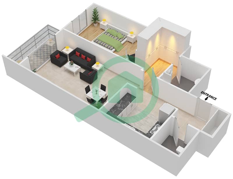 运河枢纽2号公寓 - 1 卧室公寓类型B戶型图 interactive3D