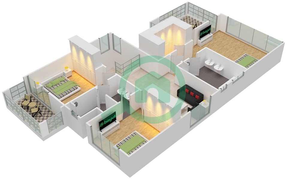 المخططات الطابقية لتصميم النموذج 3 فیلا 4 غرف نوم - فلل سيدرا 1 First Floor interactive3D