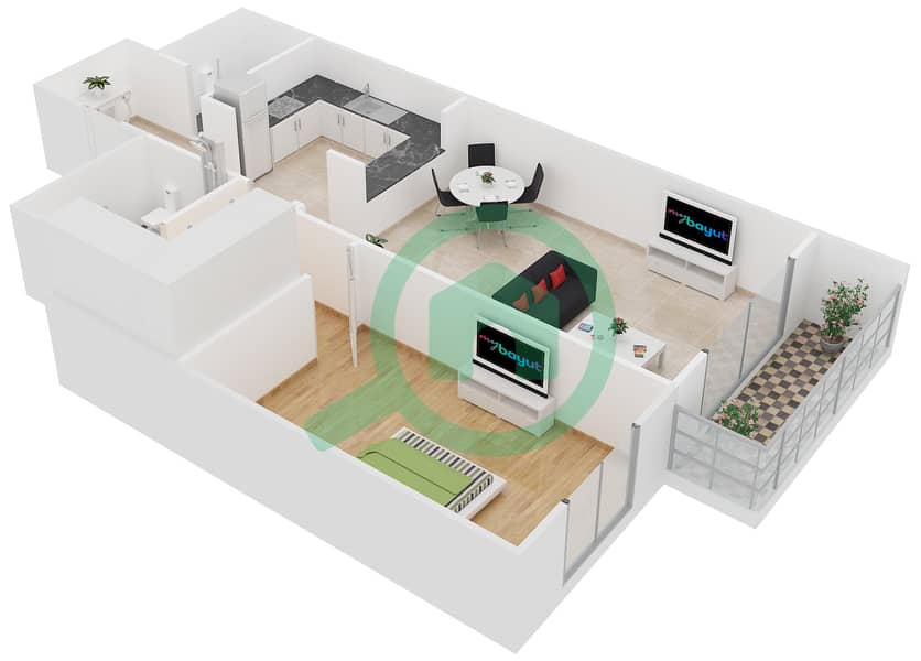 المخططات الطابقية لتصميم النموذج B شقة 1 غرفة نوم - برج كريكيت interactive3D