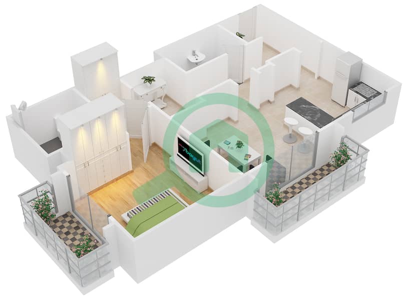 المخططات الطابقية لتصميم النموذج A شقة 1 غرفة نوم - برج كريكيت interactive3D