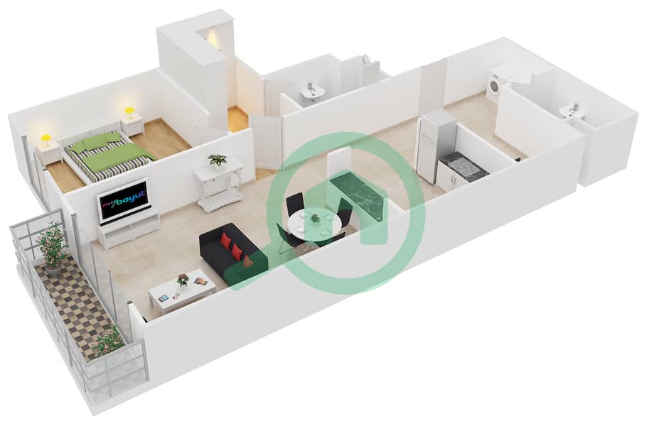 المخططات الطابقية لتصميم النموذج E شقة 1 غرفة نوم - برج كريكيت interactive3D