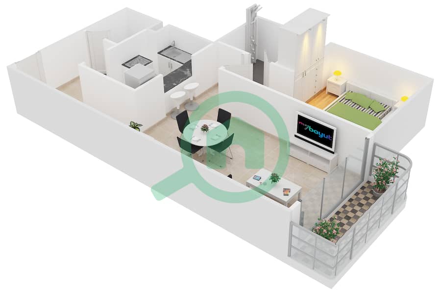 المخططات الطابقية لتصميم النموذج D شقة 1 غرفة نوم - برج كريكيت interactive3D