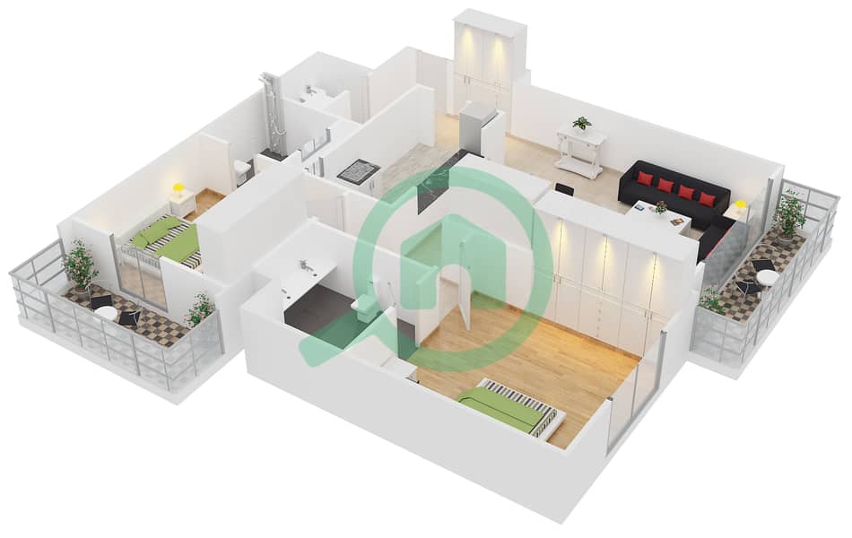 板球大厦 - 2 卧室公寓类型A1戶型图 interactive3D