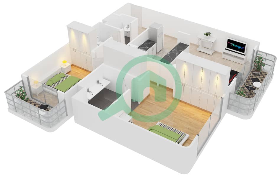 板球大厦 - 2 卧室公寓类型A2戶型图 interactive3D