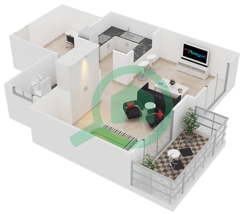 المخططات الطابقية لتصميم النموذج C شقة استوديو - برج كريكيت interactive3D