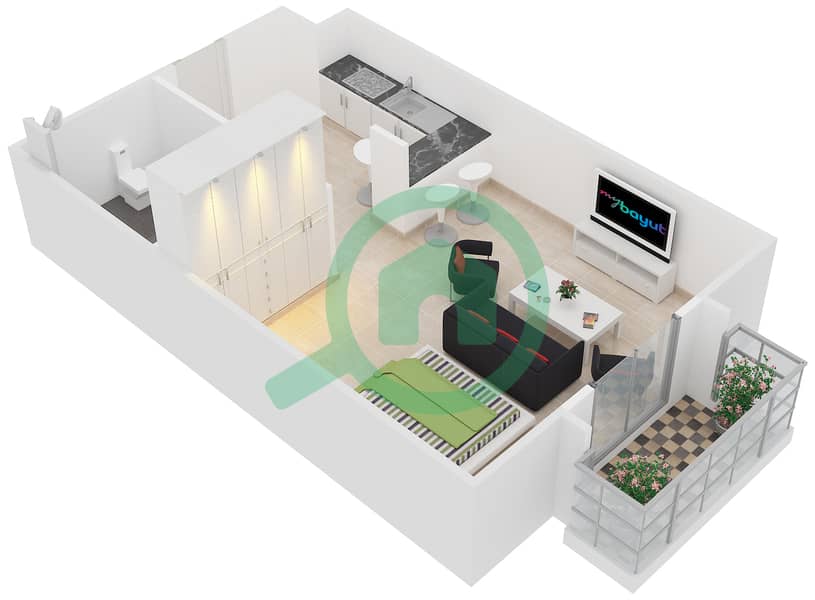 المخططات الطابقية لتصميم النموذج D شقة استوديو - برج كريكيت interactive3D