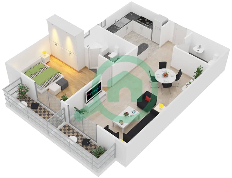 المخططات الطابقية لتصميم الوحدة 8 شقة 1 غرفة نوم - برج زينيت A1 interactive3D