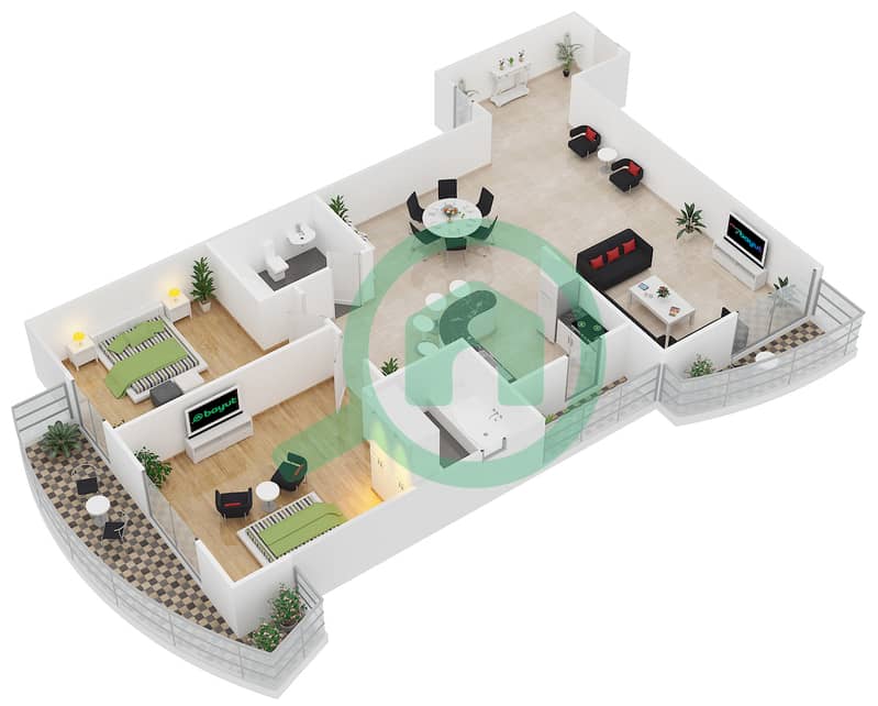 المخططات الطابقية لتصميم الوحدة 3 شقة 2 غرفة نوم - برج زينيت A1 interactive3D