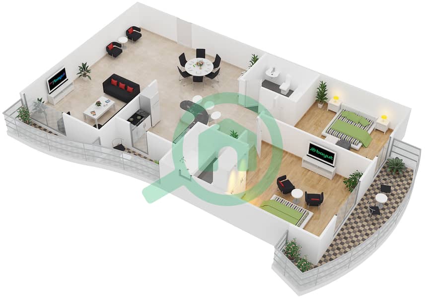 المخططات الطابقية لتصميم الوحدة 4 شقة 2 غرفة نوم - برج زينيت A1 interactive3D