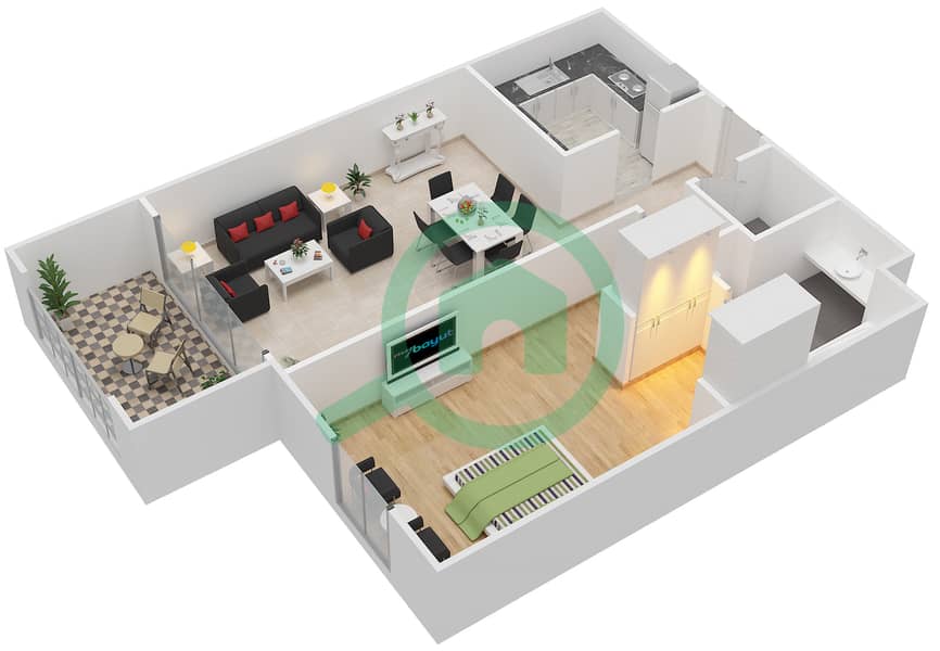 المخططات الطابقية لتصميم النموذج A-C شقة 1 غرفة نوم - كورال ريزيدنس interactive3D