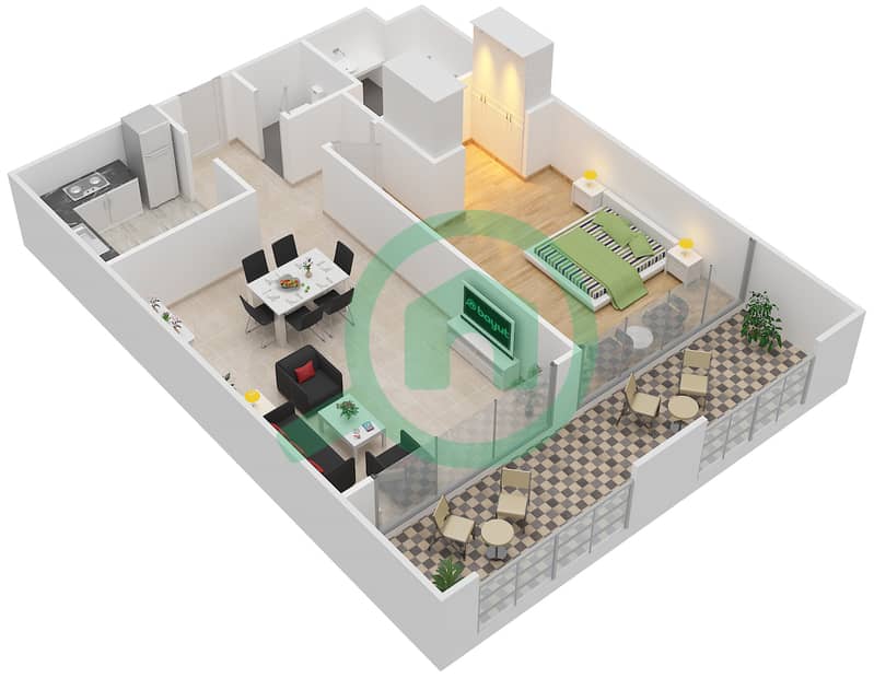 المخططات الطابقية لتصميم النموذج D شقة 1 غرفة نوم - كورال ريزيدنس interactive3D