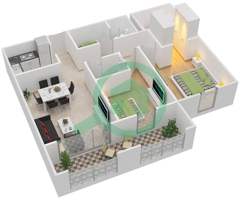 المخططات الطابقية لتصميم النموذج E,G شقة 2 غرفة نوم - كورال ريزيدنس interactive3D