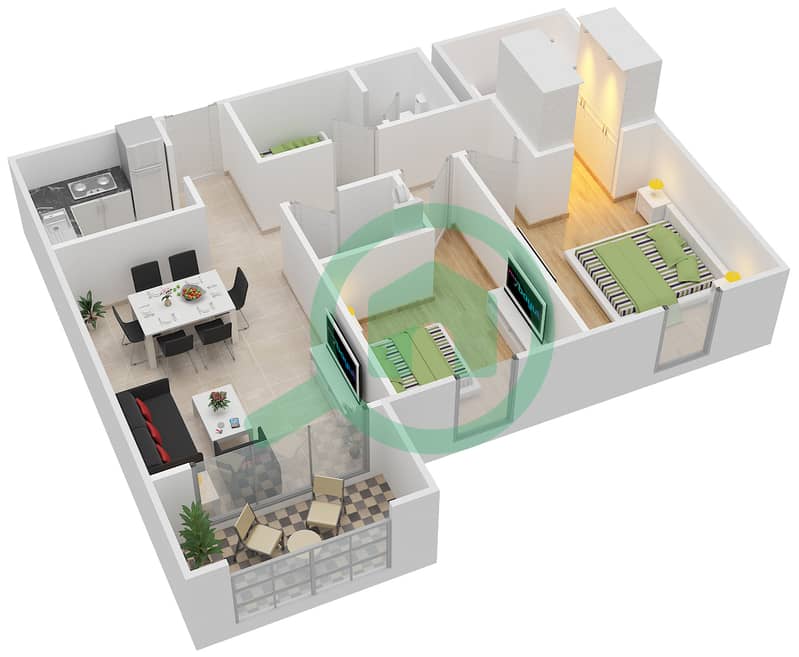 المخططات الطابقية لتصميم النموذج F شقة 2 غرفة نوم - كورال ريزيدنس interactive3D