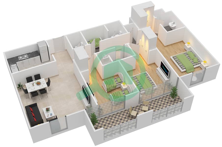المخططات الطابقية لتصميم النموذج H-J شقة 3 غرف نوم - كورال ريزيدنس interactive3D