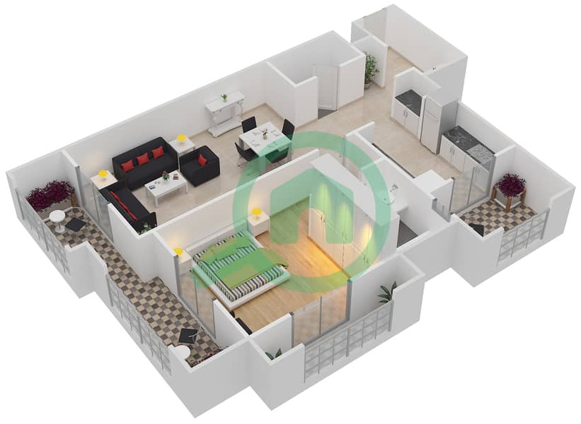 المخططات الطابقية لتصميم النموذج B شقة 1 غرفة نوم - قصر قرطبة interactive3D