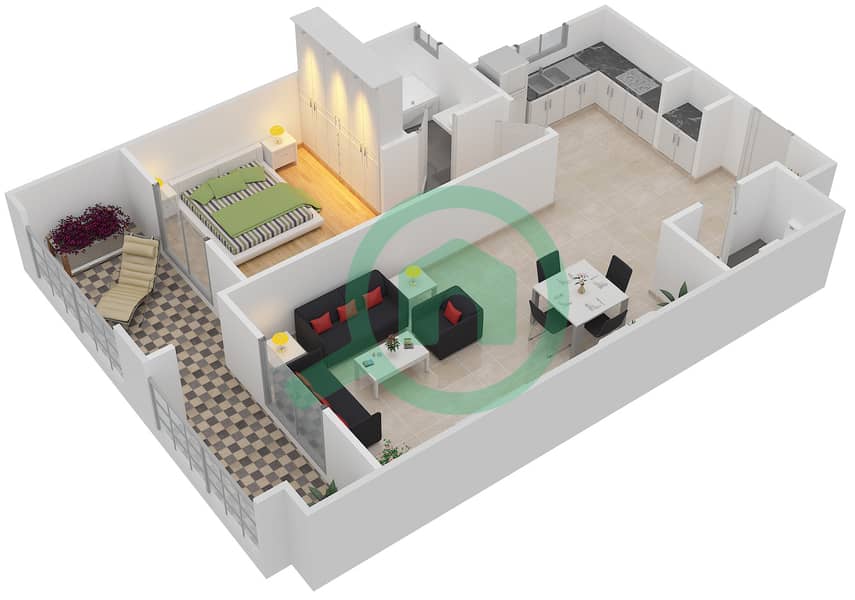 المخططات الطابقية لتصميم النموذج D شقة 1 غرفة نوم - قصر قرطبة interactive3D