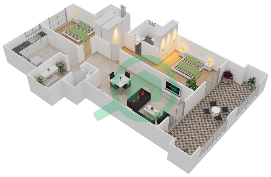 المخططات الطابقية لتصميم النموذج A شقة 2 غرفة نوم - قصر قرطبة interactive3D
