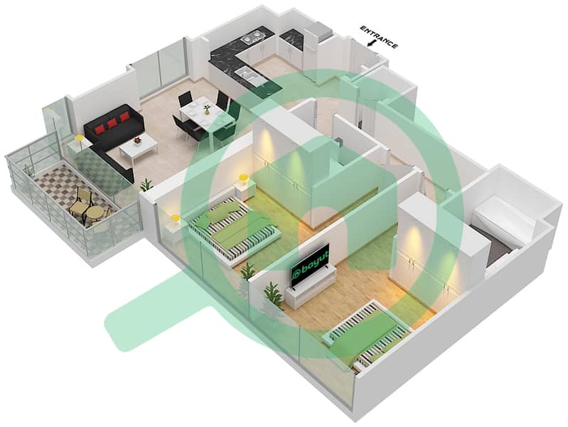 المخططات الطابقية لتصميم الوحدة 02 / FLOOR 2-16,18-33 شقة 2 غرفة نوم - B كريك سايد 18‬ Floor 2-16,18-33 interactive3D