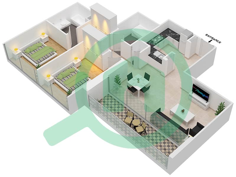 المخططات الطابقية لتصميم الوحدة 04 / FLOOR 2-16,18-33 شقة 2 غرفة نوم - B كريك سايد 18‬ interactive3D