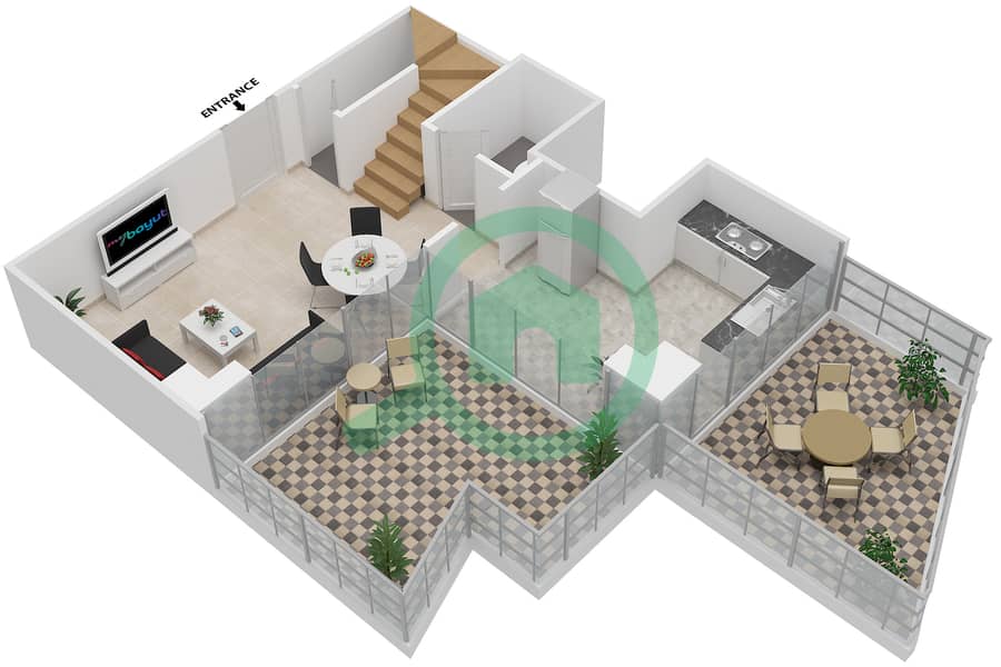 المخططات الطابقية لتصميم الوحدة 104 شقة 2 غرفة نوم - بن غاطي فيوز Lower Floor interactive3D