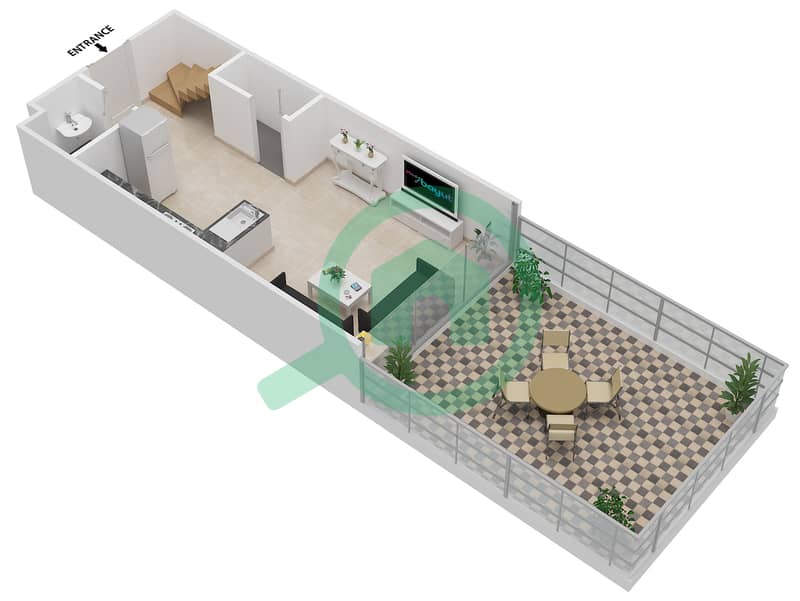 المخططات الطابقية لتصميم الوحدة 106 شقة 1 غرفة نوم - بن غاطي فيوز Lower Floor interactive3D
