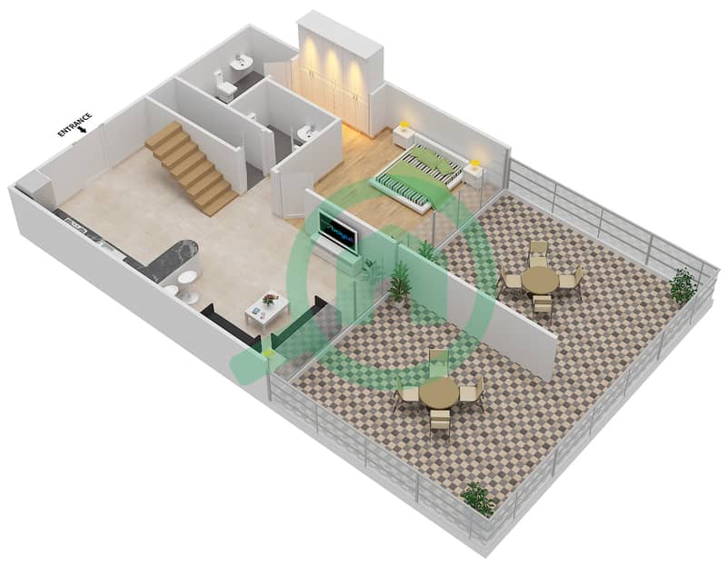 宾格蒂景观公寓 - 3 卧室公寓单位107戶型图 Lower Floor interactive3D
