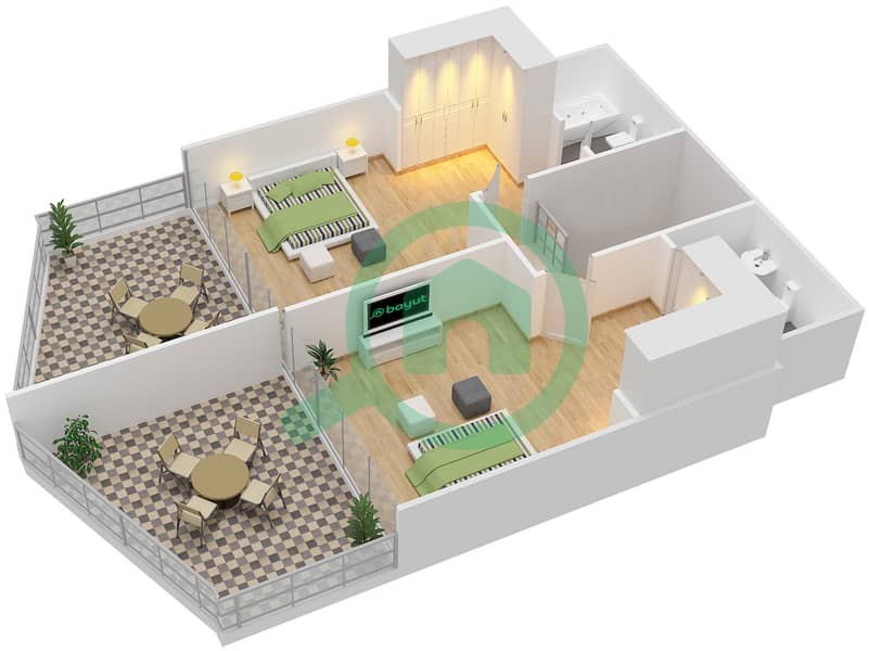 المخططات الطابقية لتصميم الوحدة 107 شقة 3 غرف نوم - بن غاطي فيوز Upper Floor interactive3D