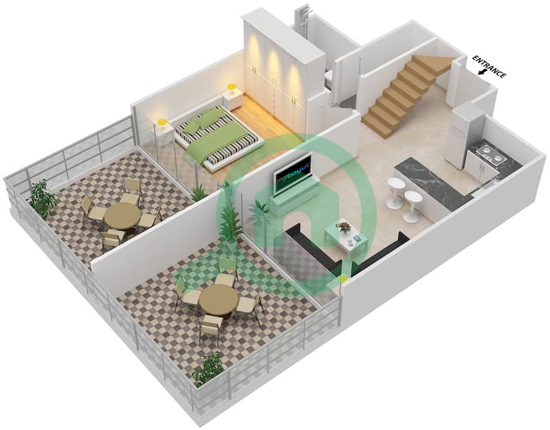 المخططات الطابقية لتصميم الوحدة 109 شقة 3 غرف نوم - بن غاطي فيوز Lower Floor interactive3D